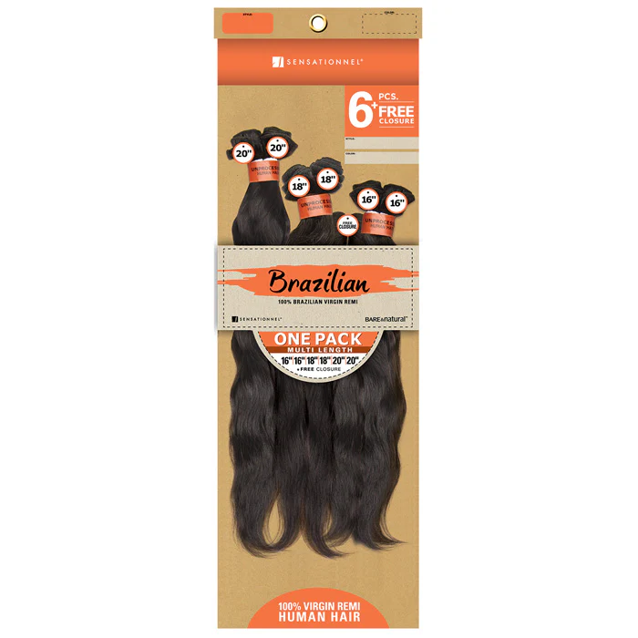 Sensationnel Bare & Natural Brazilian 100% Virgin Remi Weave - NATURAL WAVY 6 PCS + FREE CLOSURE